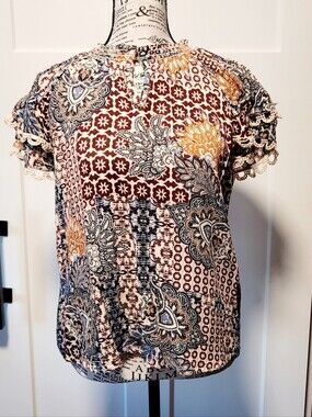 Stella + Ginger Women's Ruffled Sleeve Stretchy Boho Paisley Print Top Sz S